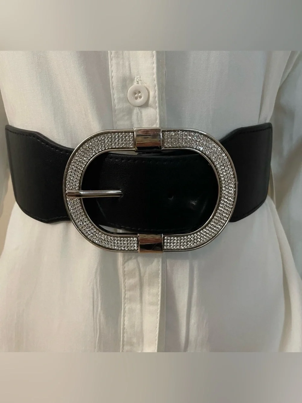 Black PU leather silver tone rhinestones details buckle elastic waistband belt